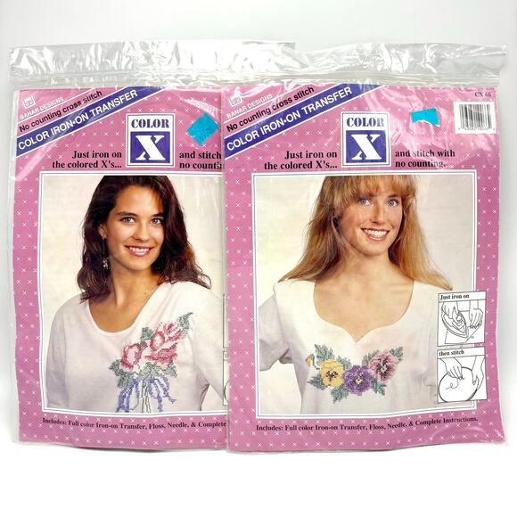 2 Vintage Flower Iron On Transfer Cross Stitch Kits w Floss Thread Roses Pansies - Picture 1 of 6